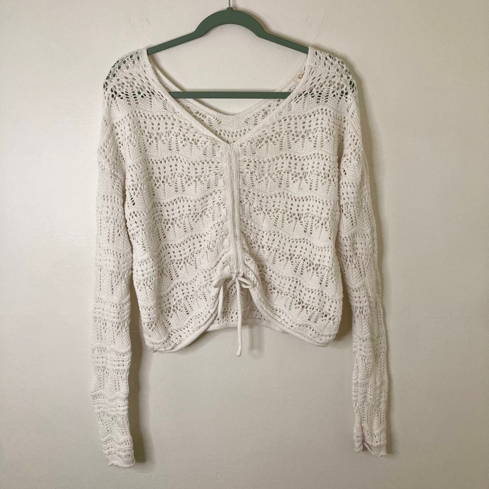 Jessica Simpson Crochet Knit Boho White Drawstring Cinched Crop Sweater L Fairy